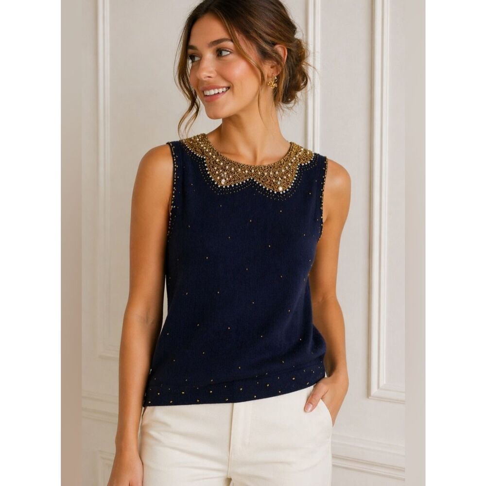 Lilly Pulitzer Navy Beaded Sweater Tank Gold Pearl Embellished Collar Size Small